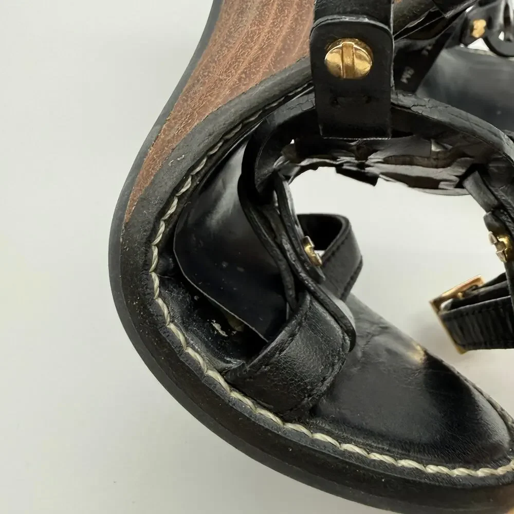 Tory Burch Leather Wedge Sandals Black Cutout Gold Studs Size 8M Summer Resort
